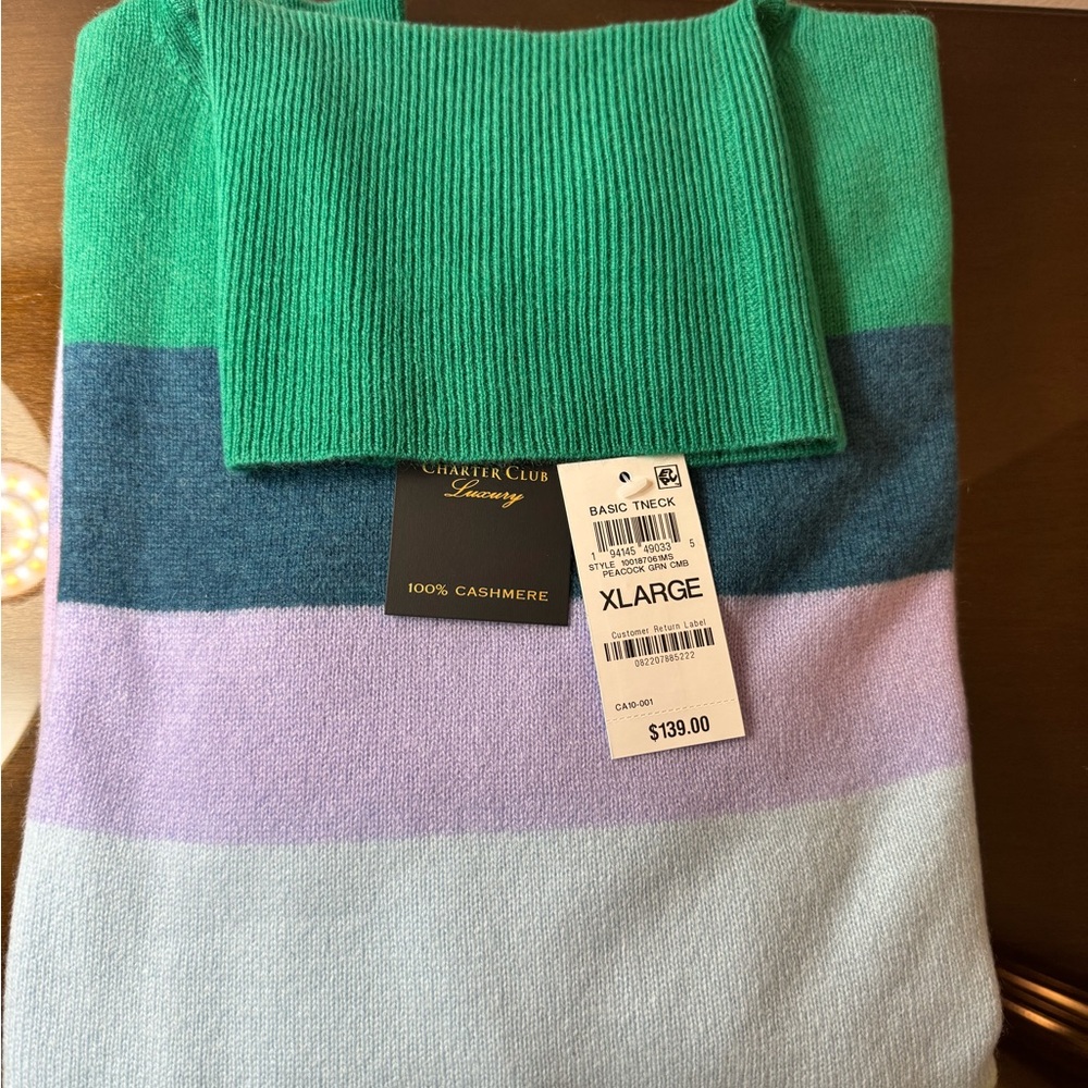 Charter Club Women's Striped Cashmere Turtleneck Sweater Peacock Green Combo